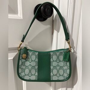 Coach Green Signature Jacquard Mini Swinger Baguette Shoulder Bag Rare Color